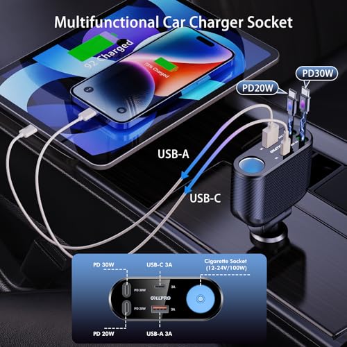 OHLPRO Retractable Car Charger Cigarette Lighter Adapter, 168W 5 in 1 Fast Phone Charging Built-in Replaceable Fuse, Socket Splitter with USB C and USB C Cord, Fit for Phone iPad Galaxy GPS, Grey - size: USB-C+USB-C