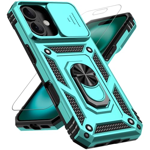 for iPhone 17 Case, with Slide Camera Cover HD Screen Protector [Military Grade 16ft. Drop Tested] Ring Holder Kickstand Protective Phone Case for Apple iPhone 17, Mint - color: Mint w/ Slide Camera 2nd gen. Military Grade