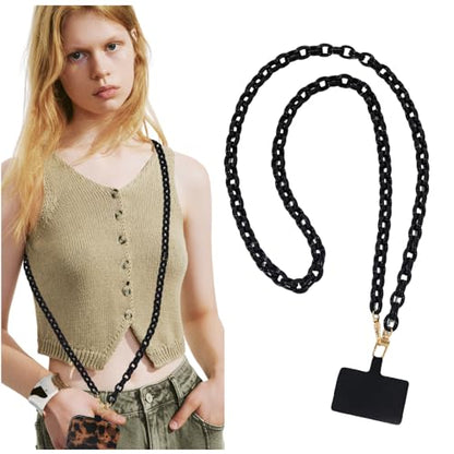 Phone Crossbody Chain CellPhone Lanyard, Acrylic Shouder Strap Universal Lanyard Chain with Tether Patches Compatible with Most Phones Bag Purse (Black - color: V