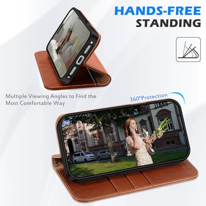 SHIELDON Genuine Leather Case Wallet for iPhone 17 Pro Max, Retro Brown | Flip Magnetic Cover, RFID Blocking, Credit Card Holder, Kickstand, Book Design, Shock-Absorbent Phone Cover - color: Retro Brown