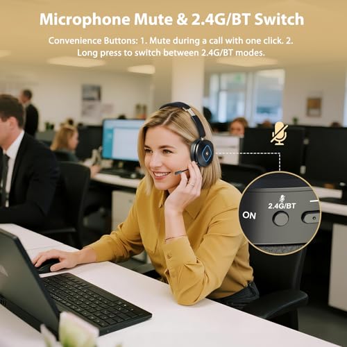 Bluetooth Headset with Microphone, Wireless Headset AI Noise Cancelling, Dual-Mode Bluetooth 6.0 & 2.4G Dongle, Wireless Headphones for 45H Work RGB/HUB Base, Meeting/Office/PC/Phone/Teams/Zoom