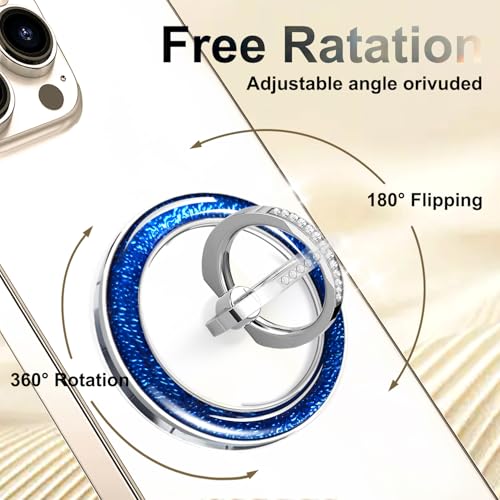 Transparent Shiny Magnetic Phone Ring Holder,360° Rotatable Removable Phone Grip,Clear Blue Sparkle Diamond Stylish Design Compatible with All Phones & Tablets - color: Clear Blue