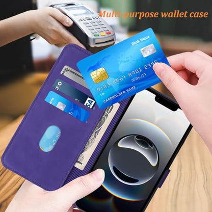 Flip Wallet Case for iPhone 17e/16e, Wrist Strap, Purple | Embossed PU Leather, Detachable Wrist Strap, Card Slots, TPU Inner, Cash Pocket, Magnetic Closure, Stand, Precise Cutouts - color: Purple