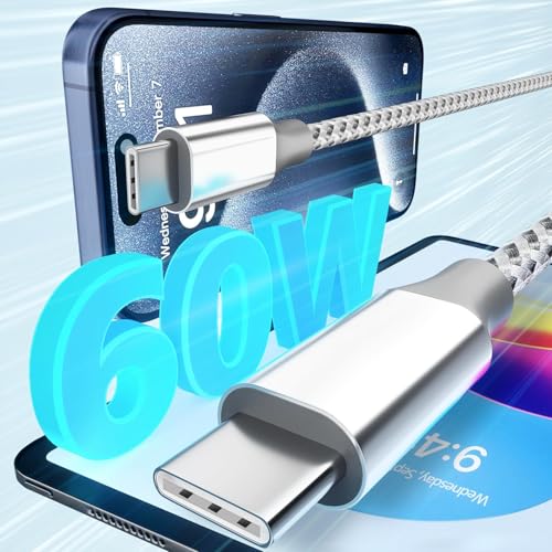 KYEHD USB C to USB C Cable 10ft 3 Pack 60W Fast Charging Long Charger Cord - color: Grey white