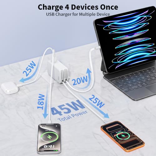 45W Retractable Wall Charger Fast Charging, 4 in 1 Retractable iPhone Charger Wall Plug Fast Charging Foldable Block with Dual USB C Cable, Multiport Charging for iPhone 17 Pro Max/16/15,iPad Pro/Air