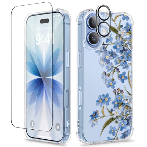 GVIEWIN for iPhone 17 Case Floral, Slim Clear Non-Yellowing | Shockproof Protective, Screen Protector+Camera Lens Protector, Women Phone Case for iPhone 17 6.3", Aconite/Blue - color: Aconite/Blue