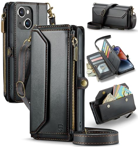 Strapurs Wallet Case Compatible with iPhone 14 Plus RFID Blocking 10-Card Holder Soft PU Leather Magnetic Snap Shoulder Strap Zipper Pocket Phone Case Fit for iPhone 14 Plus 6.7" - Black | RFID Blocking 10-Card Holder, Shoulder Lanyard, Wirst Strap, Zippe