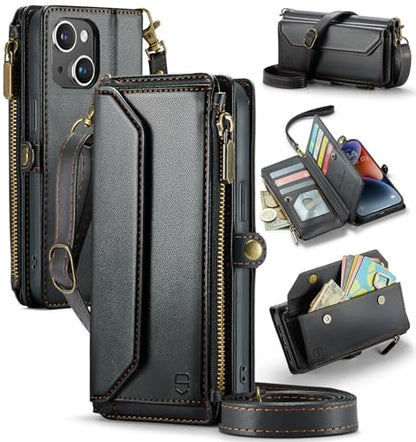 Strapurs Wallet Case Compatible with iPhone 14 Plus RFID Blocking 10-Card Holder Soft PU Leather Magnetic Snap Shoulder Strap Zipper Pocket Phone Case Fit for iPhone 14 Plus 6.7" - Black | RFID Blocking 10-Card Holder, Shoulder Lanyard, Wirst Strap, Zippe