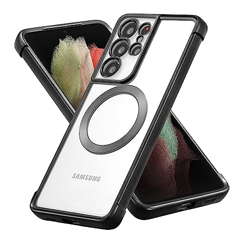 RALEAVO Magnetic Case for Samsung Galaxy S21 Ultra Clear Case Cover [Compatible with Magsafe & Military Grade Drop Protection] Transparent Shockproof Slim Plated Phone Case - Black - color: Black, size: S21 Ultra