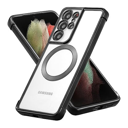 RALEAVO Magnetic Case for Samsung Galaxy S21 Ultra Clear Case Cover [Compatible with Magsafe & Military Grade Drop Protection] Transparent Shockproof Slim Plated Phone Case - Black - color: Black, size: S21 Ultra