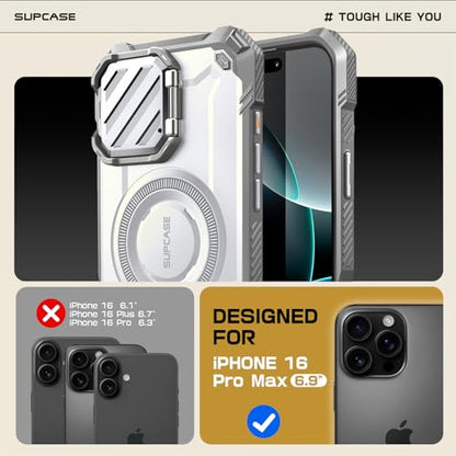 SUPCASE for iPhone 16 Pro Max Case (6.9 inch) with Camera Cover Stand,White | Compatible with MagSafe, Camera Control Button, Military-Grade Drop Protection, Heavy Duty Rugged Magnetic Case, UB Mag XT - color: White