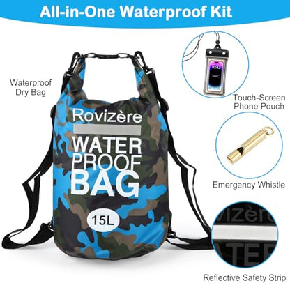 15L Waterproof Dry Bag, Camouflage Blue | Roll Top with Reflective Strip, Phone Pouch & Emergency Whistle, Backpack with Shoulder Strap, Lightweight Heavy Duty - color: Camouflage blue, size: 15L
