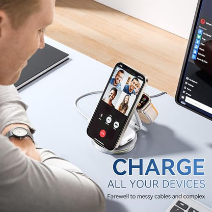 3 in 1 Wireless Charging Station for Apple Charger, 15W Fast Mag-Safe Qi-Certified Magnetic Portable Charger Stand for iPhone 1615141312 Apple Watch AirPods 3/2 Pro, Adjustable Angle (Silver, Qi)