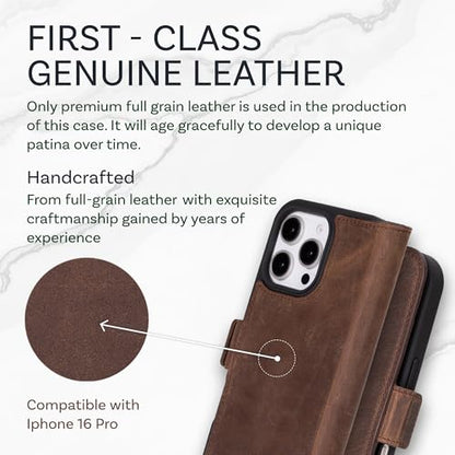 Bayelon Leather Wallet Case for iPhone 16 Pro 6.3" - Flip Cover Card Holder, iPhone 16 Pro Wallet Folio Case, Kickstand, MagSafe Compatible RFID, Real Leather iPhone 16 Pro Cover (Dark Brown) - color: Dark Brown, size: iPhone 16 Pro