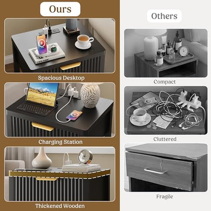 Night Stand Set 2, Fluted Wood Nightstands w/Charging Station for Bedroom - color: Black, size: 1 Drawer-Set of 2 Nightstand