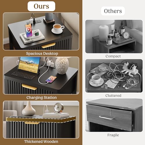 Night Stand Set 2, Fluted Wood Nightstands w/Charging Station for Bedroom - color: Black, size: 1 Drawer-Set of 2 Nightstand