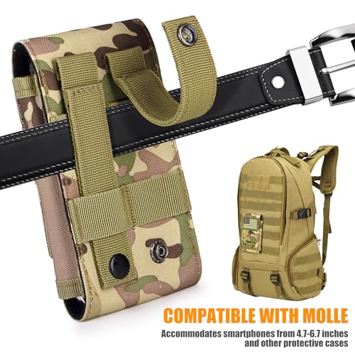 Tactical Molle Phone Cover Case, Heavy Duty Loop Belt Holster Pouch with Flag Patch for iPhone 17 Pro Max/Air/17 Pro/17/16 Pro Max/15 Pro Max/14 Pro Max/13 Pro Max, for Galaxy S26 Ultra - color: Camo