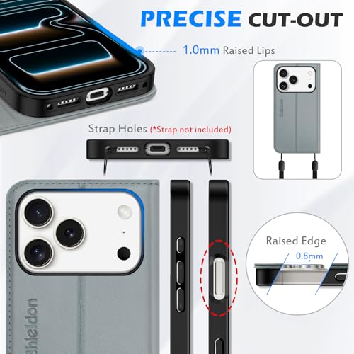 SHIELDON Genuine Leather Magnetic Case Wallet for iPhone 17 Pro 6.3", Gray | Flip, Magnetic Closure, RFID Blocking 3 Card Holder, Kickstand, Full Protection, Shock Absorbing Protective Cover - color: Gray
