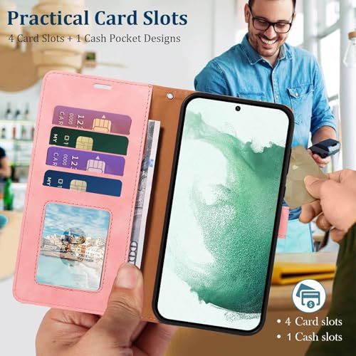 Wallet Case for Galaxy S22, RFID Blocking, 4 Card Slots, Pink | For Samsung Galaxy S22 6.1 inch, PU Leather Flip Cover, Protective TPU Shell, Magnetic Closure, Stand, Wrist Strap - color: Pink