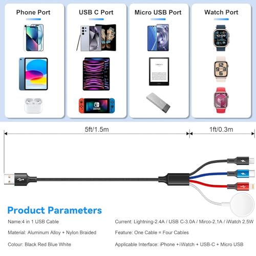 2026 Travel Essentials,Multi Charging Cable for Apple Watch Charger,6ft - color: Black-2Pack, size: 6Ft