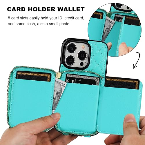 Bocasal Crossbody Wallet Case Card Holder for iPhone 15 Pro, Mint Green | RFID Blocking PU Leather Zipper Handbag Purse, Kickstand Flip Folio Case with Card Slots Holder Wrist Strap Lanyard 6.1 Inch - color: Green