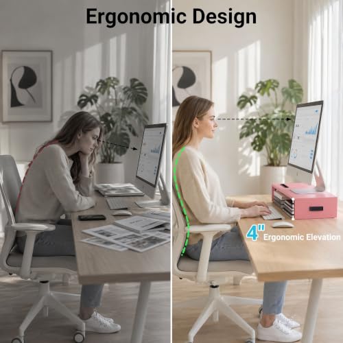 BONTEC Monitor Stand Riser with Cellphone Holder & Cable Management - color: Pink, size: 16.7 Inch