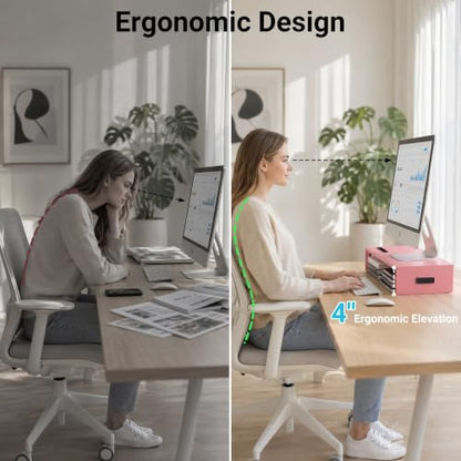 BONTEC Monitor Stand Riser with Cellphone Holder & Cable Management - color: Pink, size: 16.7 Inch