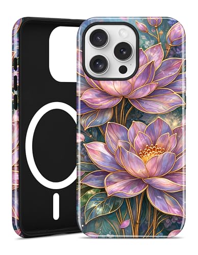 Jusy Magnetic Stained Glass Floral Case for iPhone 16e/17e, Lotus | Compatible with MagSafe, Cute Aesthetic Flower Design, TPU and PC Protective Phone Cover - color: Lotus