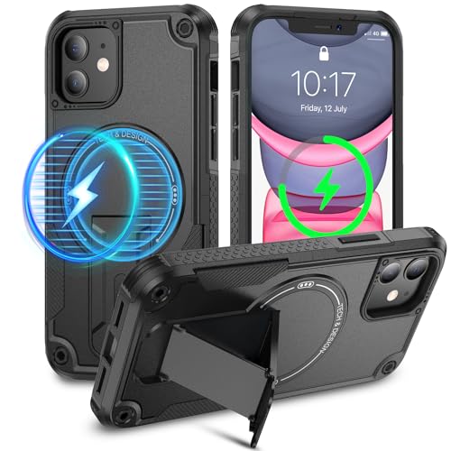 Caka for iPhone 11 Case, iPhone 11 Phone Case with Stand Black | Compatible with MagSafe, Built-in Hidden Kickstand, Solid Protective Dual-layer TPU+PC Shockproof Magnetic Phone Cover - color: Black