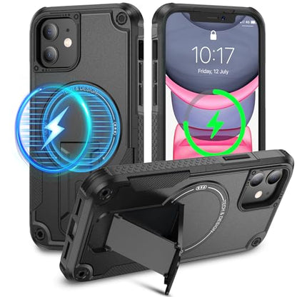Caka for iPhone 11 Case, iPhone 11 Phone Case with Stand Black | Compatible with MagSafe, Built-in Hidden Kickstand, Solid Protective Dual-layer TPU+PC Shockproof Magnetic Phone Cover - color: Black