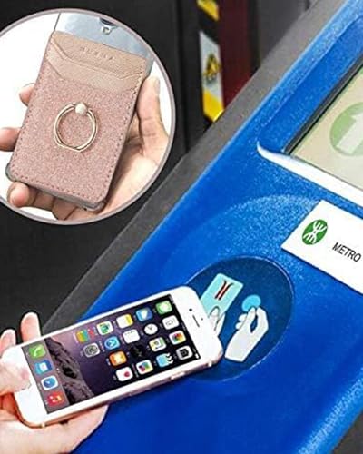 2Pcs RFID Phone Wallet Stick on Back of Phone Card Holder with Ring | Gold+Rosegold Glitter Sticky Phone Wallet for Credit Card/IDs/Pocket, Adhesive Phone Card Holder for iPhone, Videos - color: RoseGold Glittering
