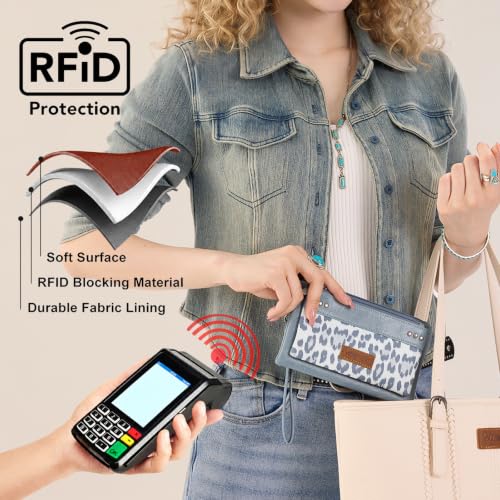 Montana West X Wrangler Woman Wallet Large Women's Wallets, Card Cases & Money Organizers Double Zipper Western Clutch Wallet and Rfid Lining - color: Jean