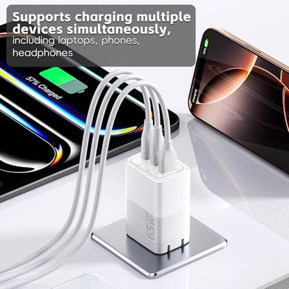 65W GaN Fast Charger, 3-Port USB C PD Power Adapter