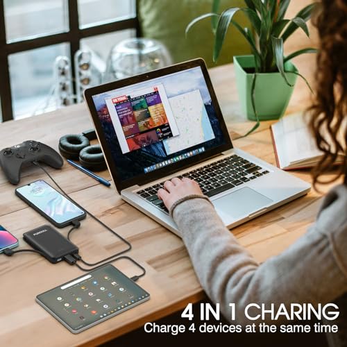 Slim Portable Charger 5000mAh - Compact Mini Small Power Bank Built-in Cable Cute Mobile Cell Phone External Battery Pack 5V 2.1A USB-C Compatible with iPhones 6/7/8/X/XS/XR/11/12/13/14 Airpods