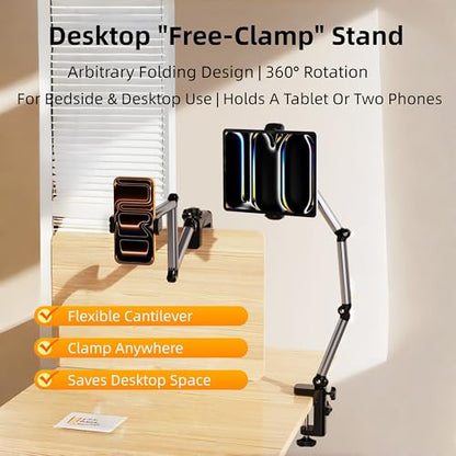 Aluminum Foldable Arm Tablet Stand, 360° Rotatable Phone Holder iPad Stand, Adjustable Tablet Mount for 4.7"-15.6" iPad, iPhone, Galaxy Tab, Compatible with Desk Bedside Kitchen, Gray