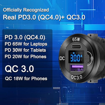 12V USB C Outlet 65W PD+QC 3.0 Waterproof Voltmeter Switch Aluminum Marine - color: pack of one