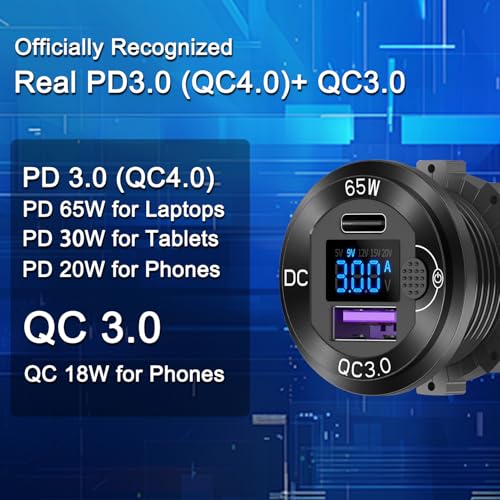 2 Pack 12V USB Outlet 65W PD+QC Waterproof Voltmeter Switch Aluminum Marine - color: pack of two