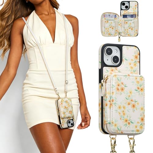 ZCDAYE Zipper Crossbody Wallet Case for iPhone 13/14, Sunflower | Flip Folio PU Leather, Practical Card Holder, Adjustable Lanyard Strap, RFID Blocking, Warm Sunflower Girly Phone Case - color: Sunflower, size: iPhone 13/14