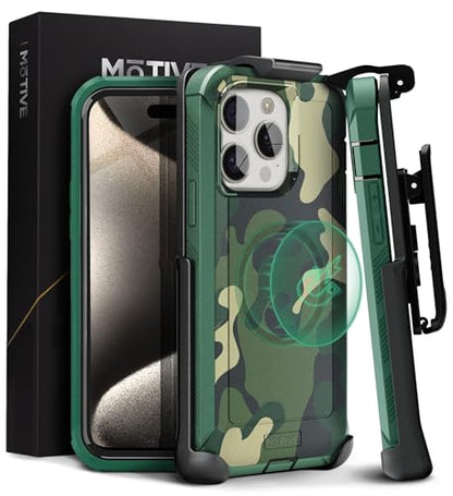 MOTIVE Heavy Duty Case for iPhone 15 Pro Max, Belt Clip Holster | 6.7" Green - color: Green Camouflage, size: iPhone 15 Pro Max