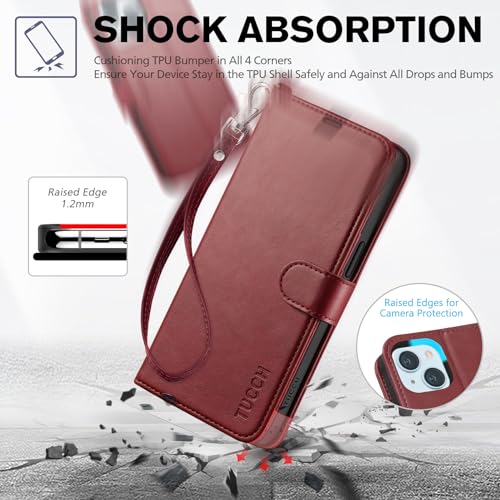TUCCH Wallet Case with Wrist Strap for iPhone 15 (6.1") 2023, Dark Red | 4 Card Holders, RFID Blocking, Viewing Stand, Shockproof TPU Shell, PU Leather, Magnetic Closure, Folio Flip Cover - color: Dark Red with Strap