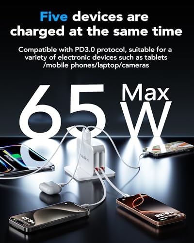 65W for MacBook Pro Charger,5-in-1 Retractable Wall Charger Plug for iPhone - color: White