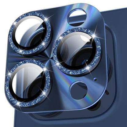 YWXTW Camera Lens Protector for iPhone 15 Pro Max/iPhone 15 Pro, [Lithography Laser Gradient] [5X Strengthen] Tempered Glass Screen Protector Metal Ring Back Camera Lens Cover (Blue Glitter) - color: Blue Glitter