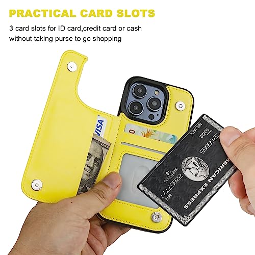 ONETOP for iPhone 14 Pro Wallet Case with Credit Card Holder,Yellow | Kickstand,ID/Cash Holder,Case Wallet with Card Slots,Double Magnetic Clasp,Durable PU Leather Shockproof Cover for Women Men - color: Yellow