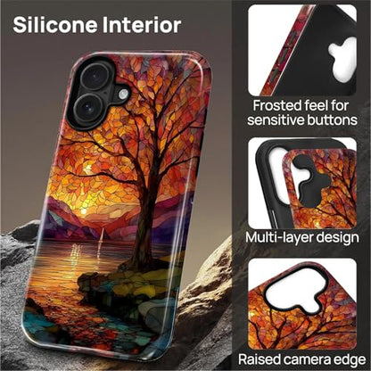 Magnetic Phone Case for iPhone 16,Compatible with MagSafe,Durable 2 Layers Full Covered Shockproof Protective Cover-Stained Glass Sunrise Fall Leaves - color: Stained Glass Sunrise Fall Leaves, size: iPhone 16