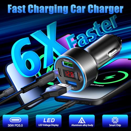 78W 4-Port USB C Car Charger Fast Charging Real-Time LED Voltmeter - color: Black