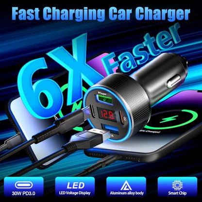 78W 4-Port USB C Car Charger Fast Charging Real-Time LED Voltmeter - color: Black
