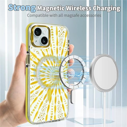 VisEnt Clear Case for iPhone 15 Plus, Magnetic Phone Case, Transparent Slim Cover, Military Grade Protection, Shockproof, Anti-Yellowing, Scratch Resistant, Folk Gold Sun - color: Folk Gold Sun, size: Iphone 15 Plus