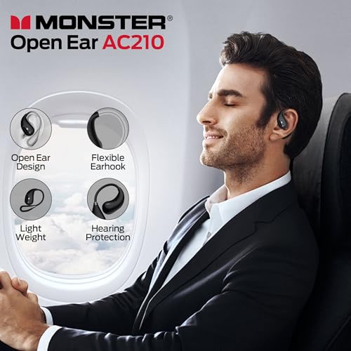 Monster Open Ear AC210 Headphones, Bluetooth 5.4 Earphones Stereo Sound, Wireless Headphones 30 Hours Playback, Type-C Charging, IPX5 Waterproof Open Ear Earbuds,Black