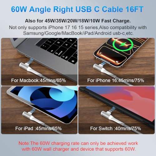 USB C Cable 16FT 240W Right Angle C to C Fast Charging Cable,White - color: White, size: 16 Feet