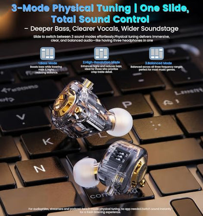 Wired Gaming Earbuds with Mic, 11mm Dynamic Driver HiFi in Ear Monitors, 3-Way Adjustable Tuning Switch Detachable Cable IEM Earphones, Deep Bass Noise Isolating Headphones for Musician Game PC Laptop - color: Black